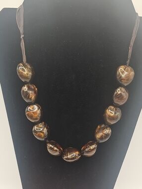Brown  Heart Bead Necklace with Ribbon Cord.